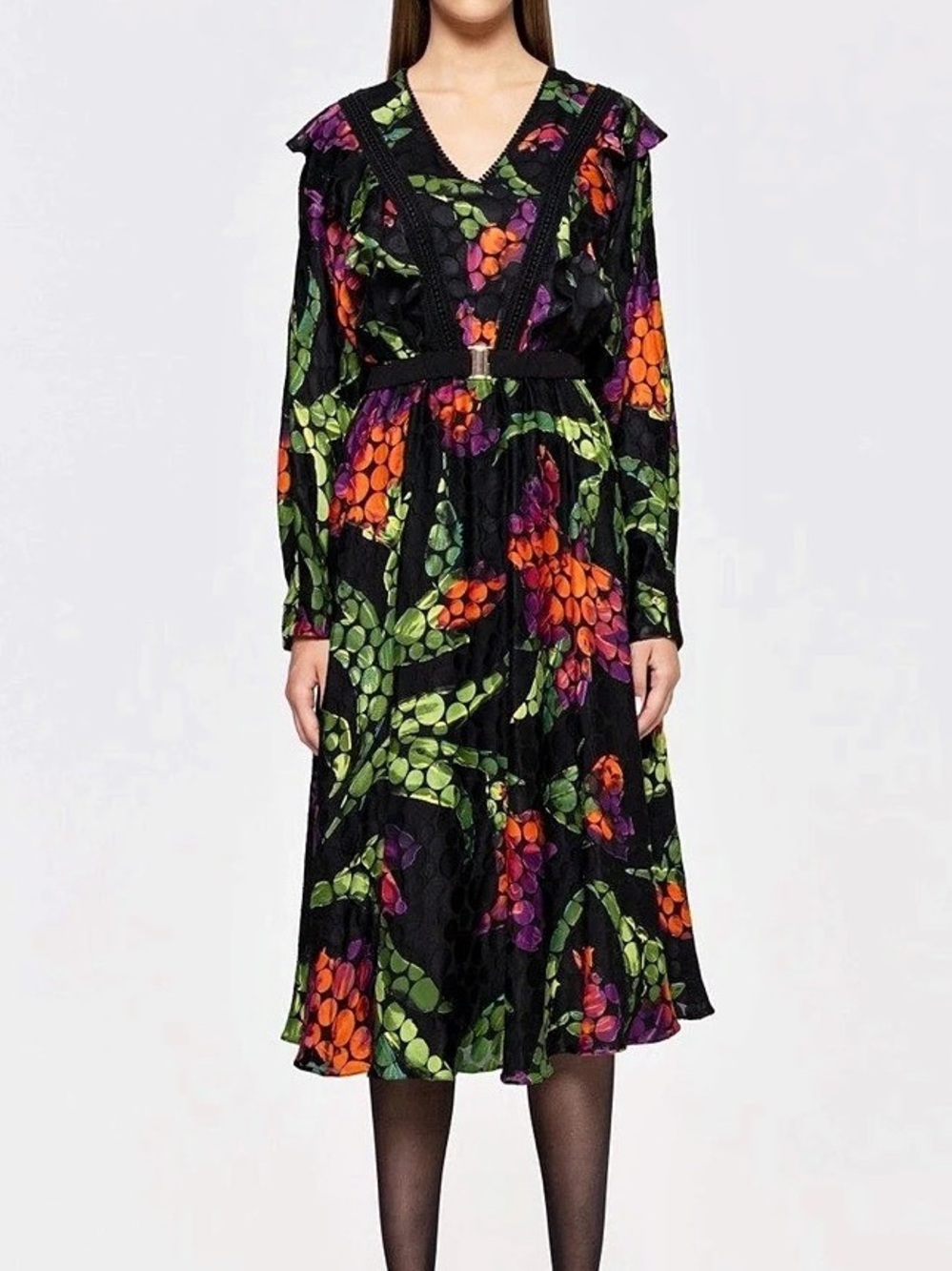 Nissa Floral Midi Dress in Black & Green Size 2 NWT